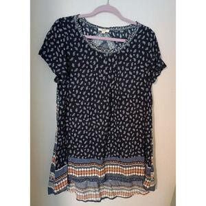 Oddy Blue Paisley Mixed Print Pin-Tuck Hi-Low Hem Scoop Neck Tunic Top M